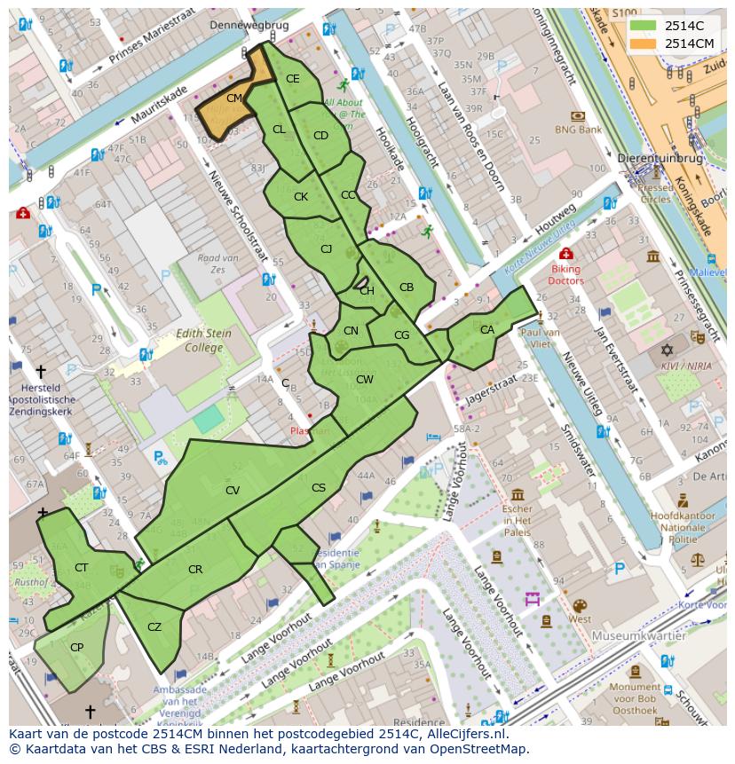 Afbeelding van het postcodegebied 2514 CM op de kaart.