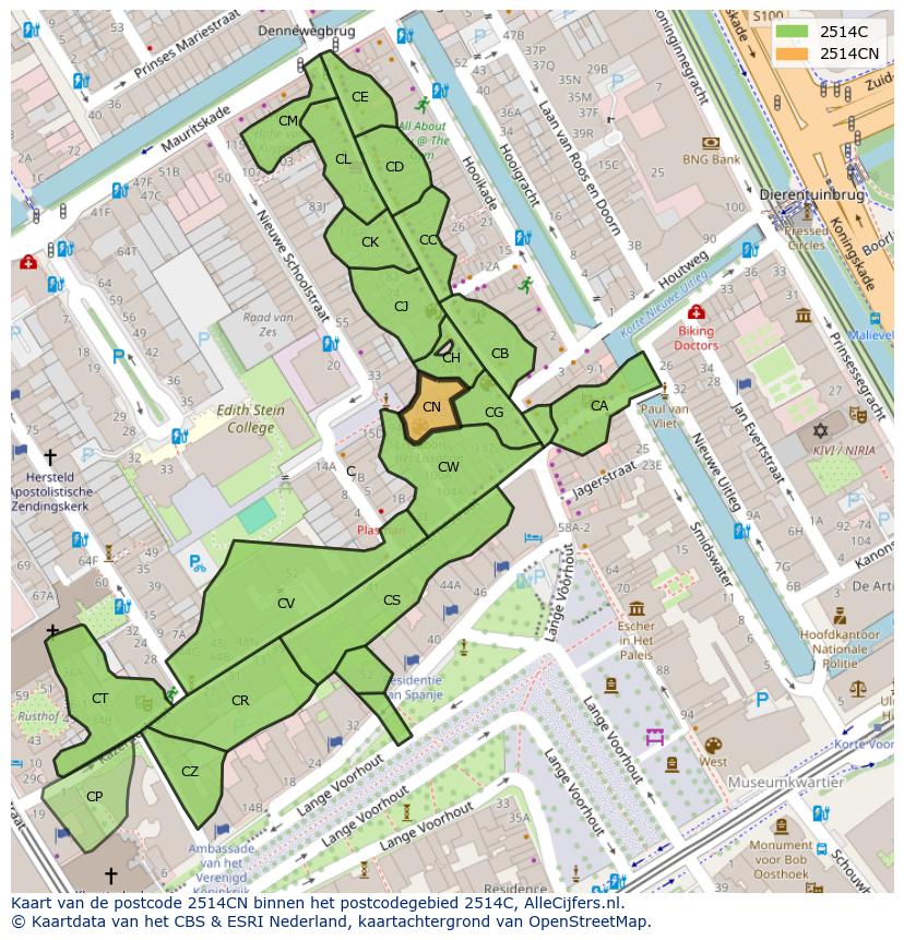 Afbeelding van het postcodegebied 2514 CN op de kaart.