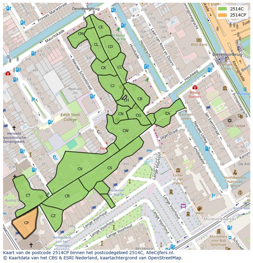 Afbeelding van het postcodegebied 2514 CP op de kaart.