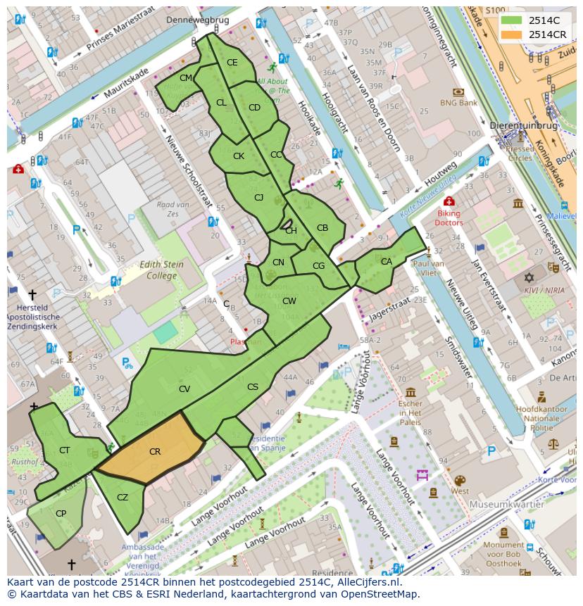 Afbeelding van het postcodegebied 2514 CR op de kaart.