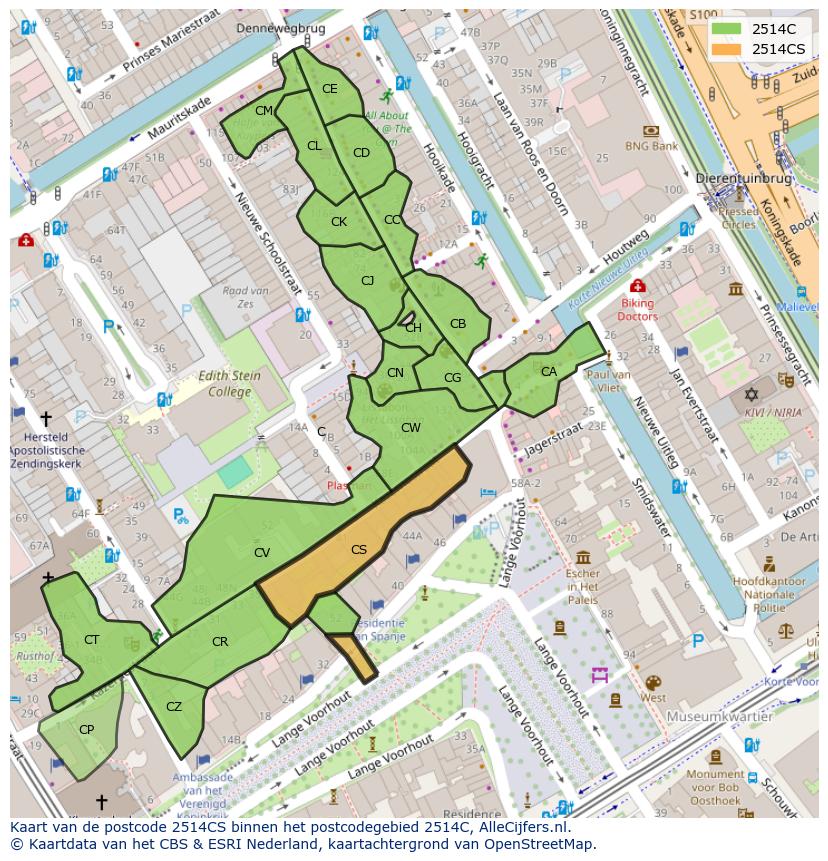 Afbeelding van het postcodegebied 2514 CS op de kaart.