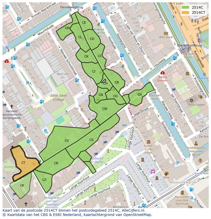 Afbeelding van het postcodegebied 2514 CT op de kaart.