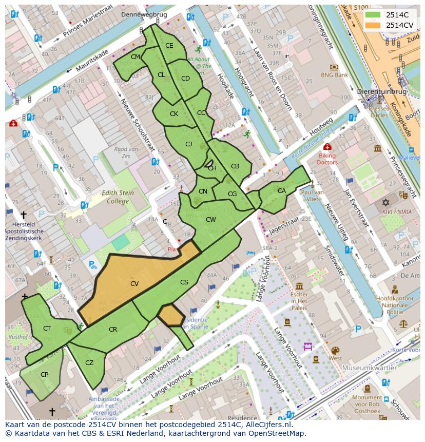Afbeelding van het postcodegebied 2514 CV op de kaart.
