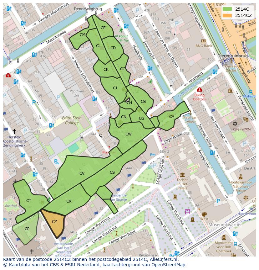 Afbeelding van het postcodegebied 2514 CZ op de kaart.