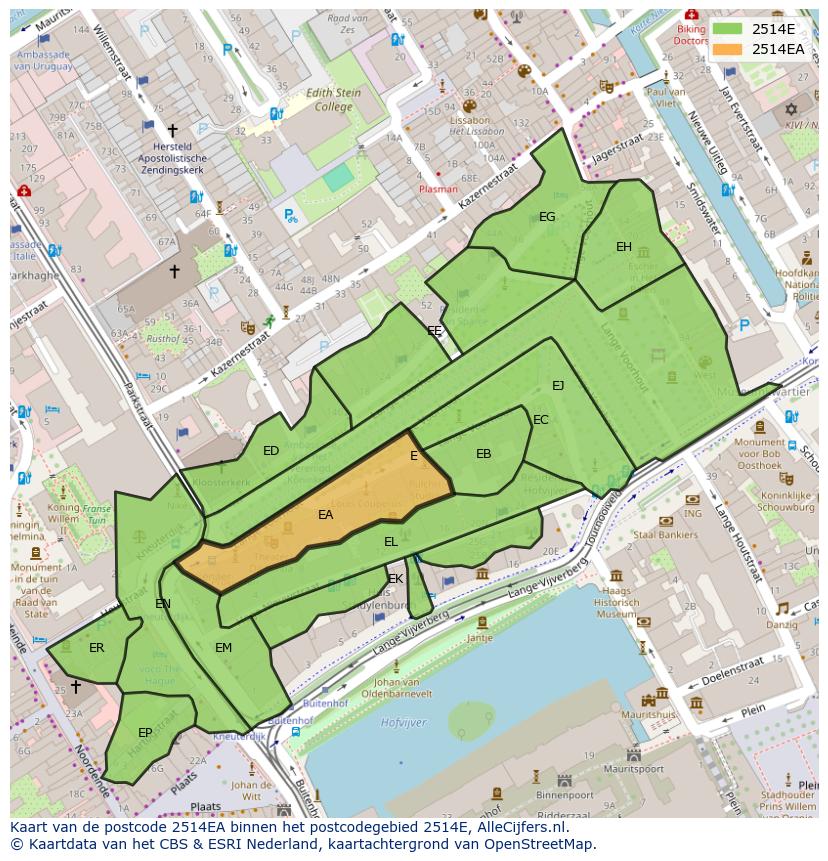 Afbeelding van het postcodegebied 2514 EA op de kaart.