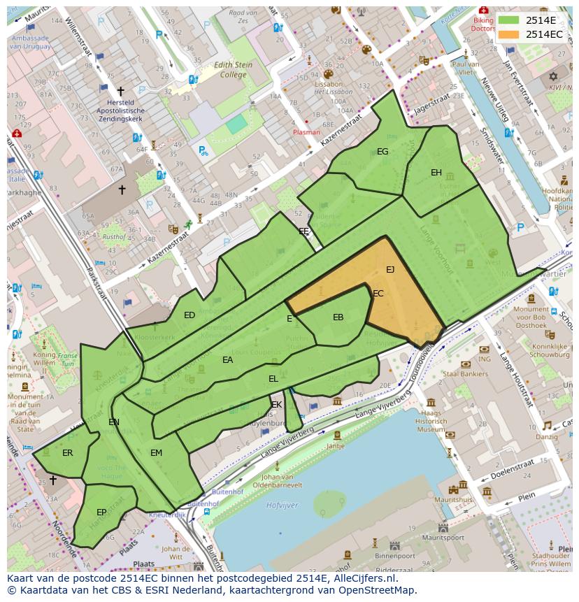 Afbeelding van het postcodegebied 2514 EC op de kaart.