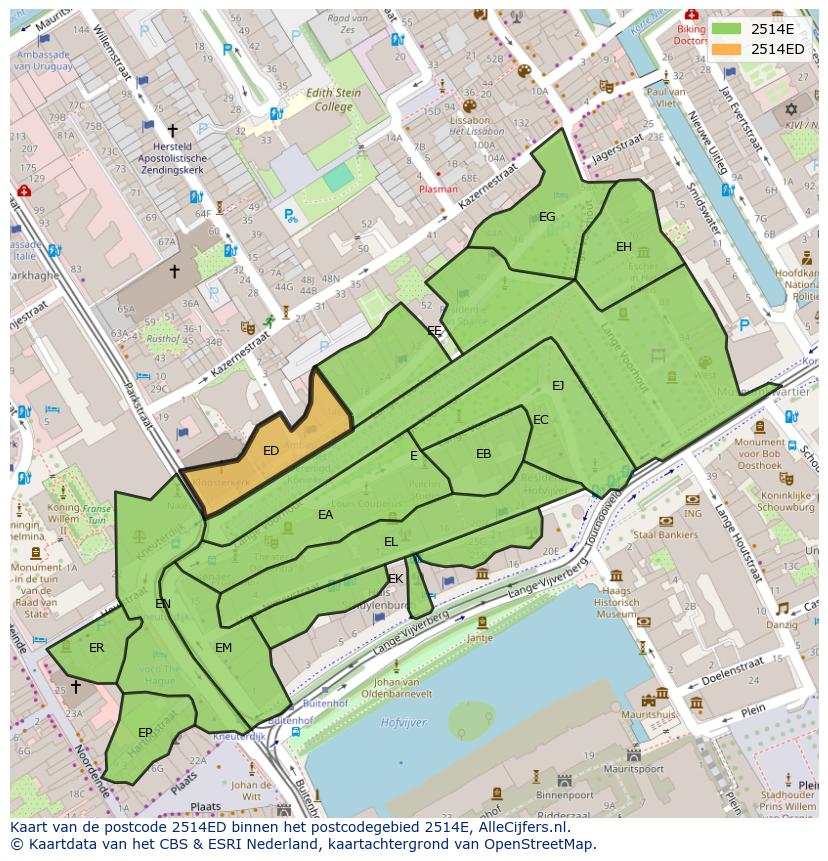 Afbeelding van het postcodegebied 2514 ED op de kaart.