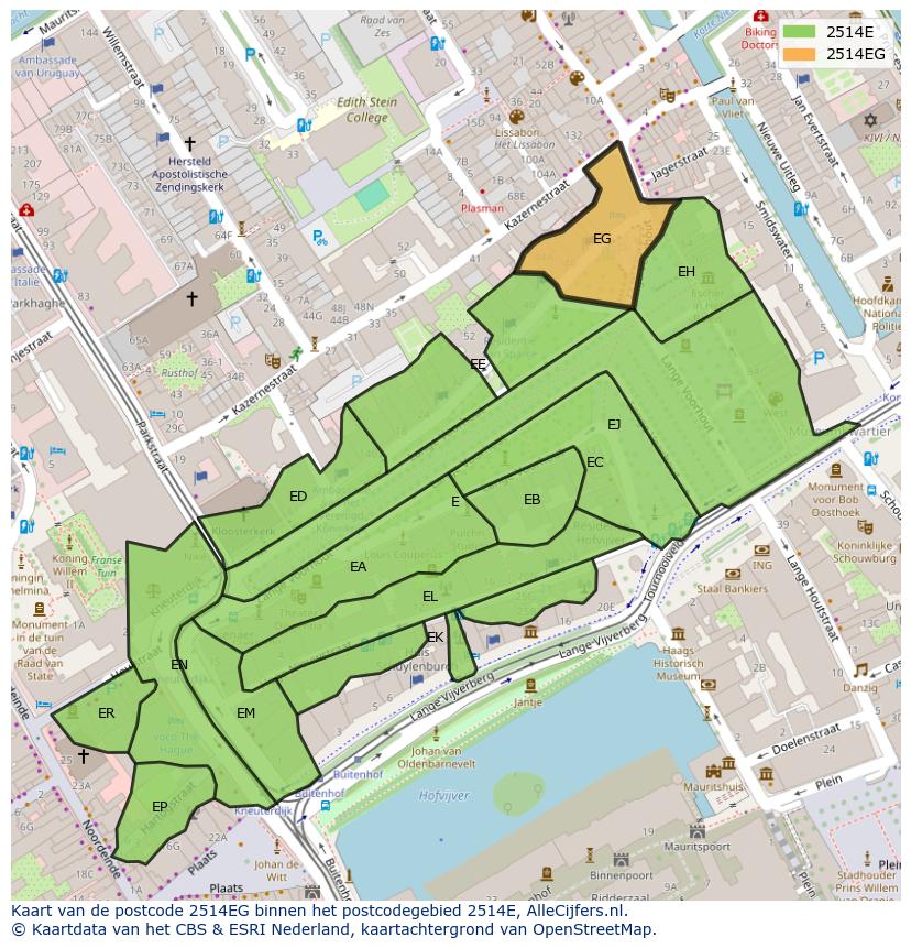 Afbeelding van het postcodegebied 2514 EG op de kaart.