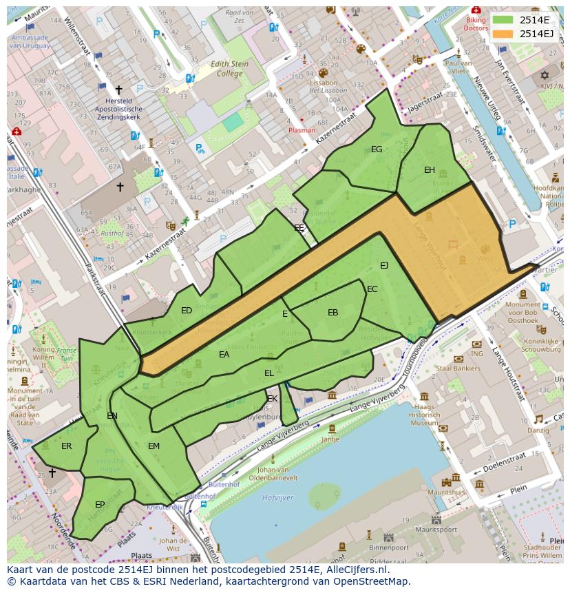 Afbeelding van het postcodegebied 2514 EJ op de kaart.