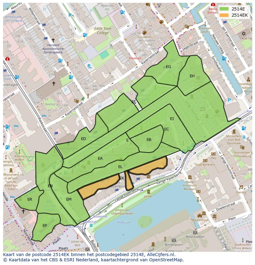 Afbeelding van het postcodegebied 2514 EK op de kaart.
