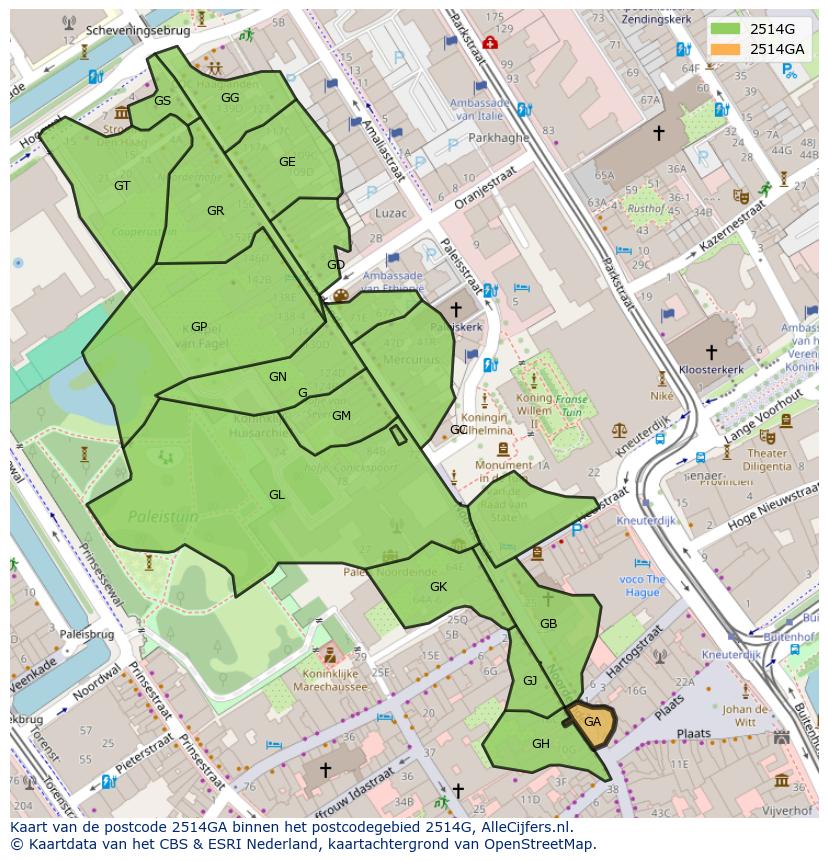Afbeelding van het postcodegebied 2514 GA op de kaart.