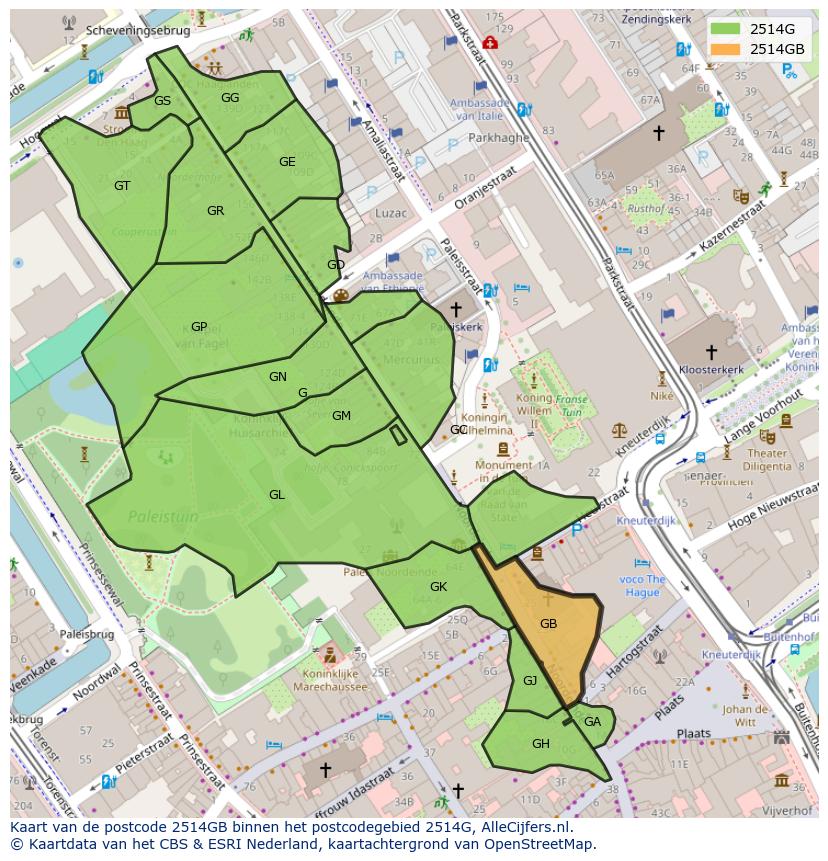 Afbeelding van het postcodegebied 2514 GB op de kaart.