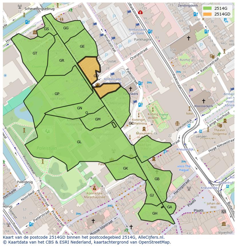 Afbeelding van het postcodegebied 2514 GD op de kaart.