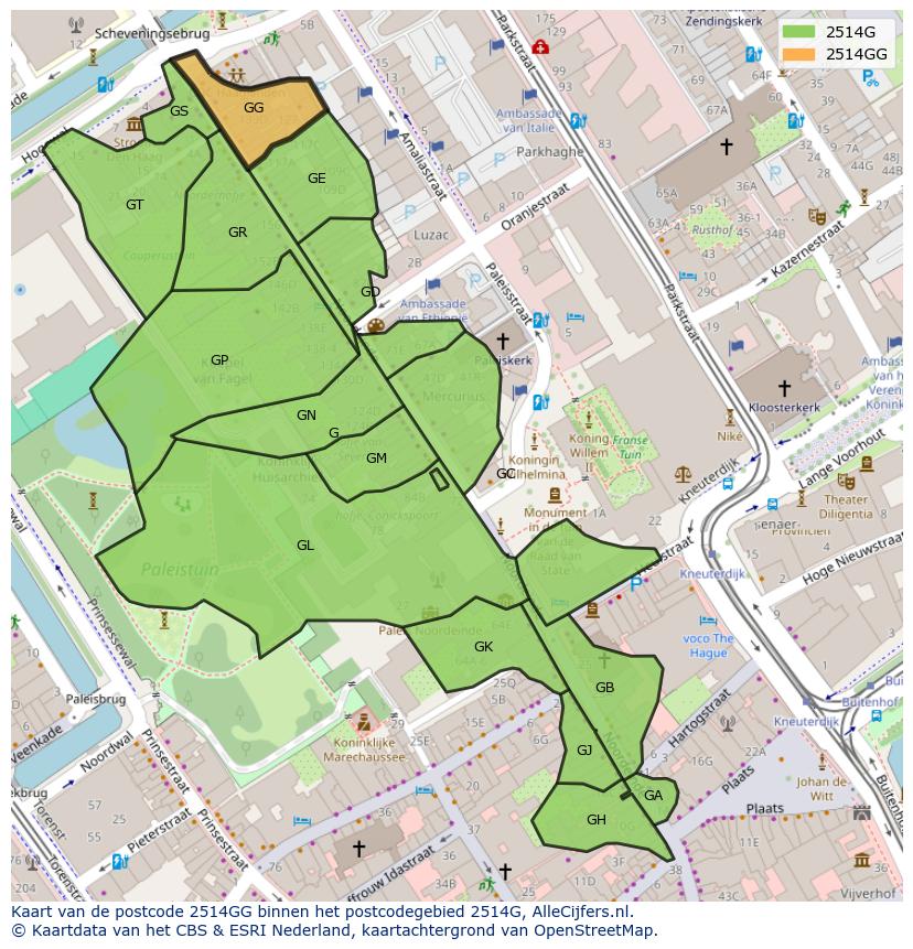 Afbeelding van het postcodegebied 2514 GG op de kaart.