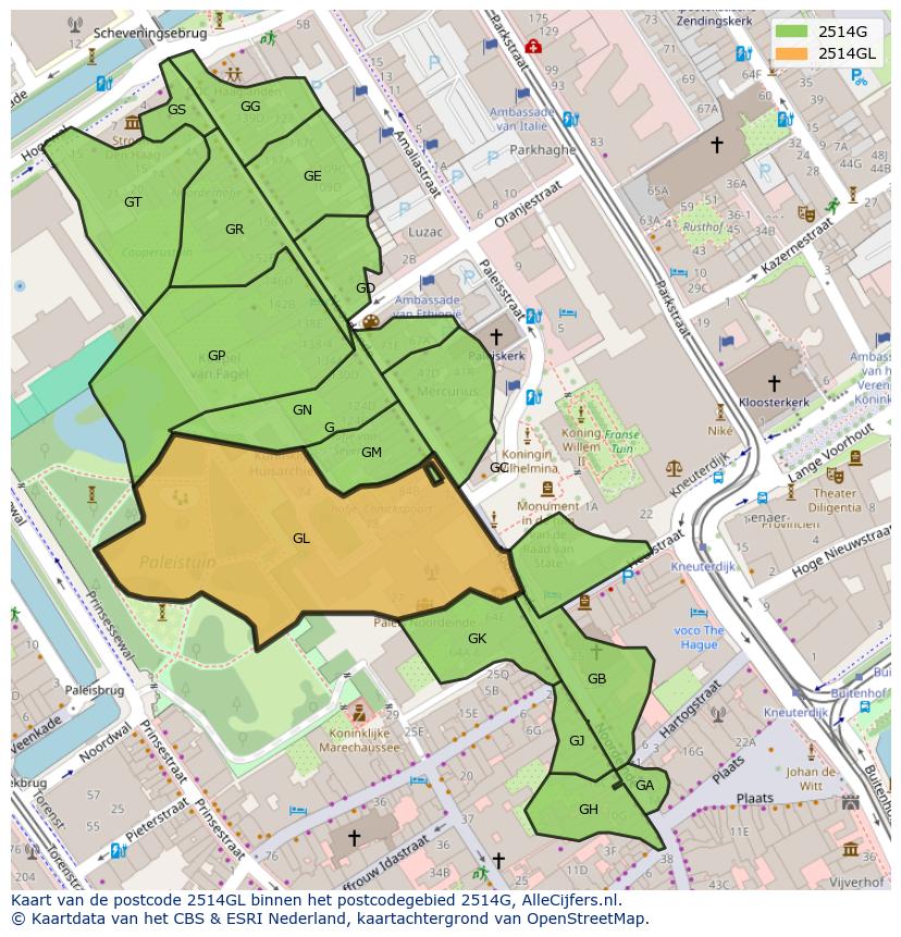 Afbeelding van het postcodegebied 2514 GL op de kaart.