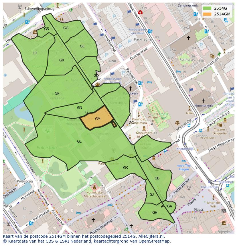 Afbeelding van het postcodegebied 2514 GM op de kaart.