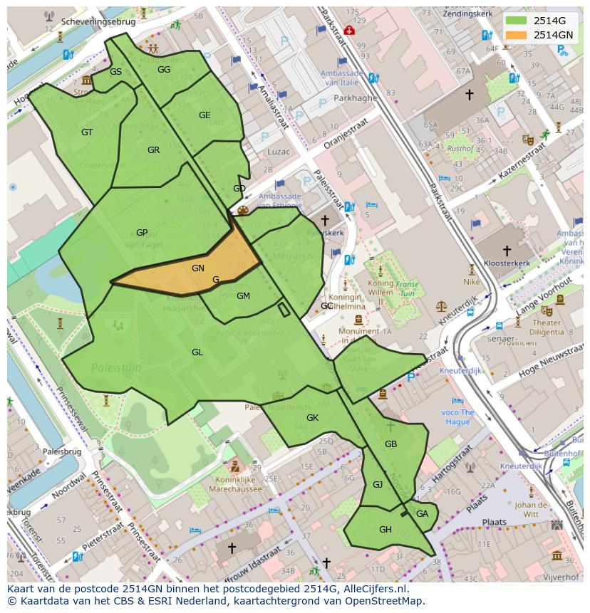 Afbeelding van het postcodegebied 2514 GN op de kaart.