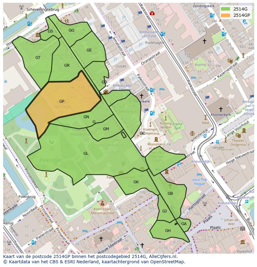 Afbeelding van het postcodegebied 2514 GP op de kaart.