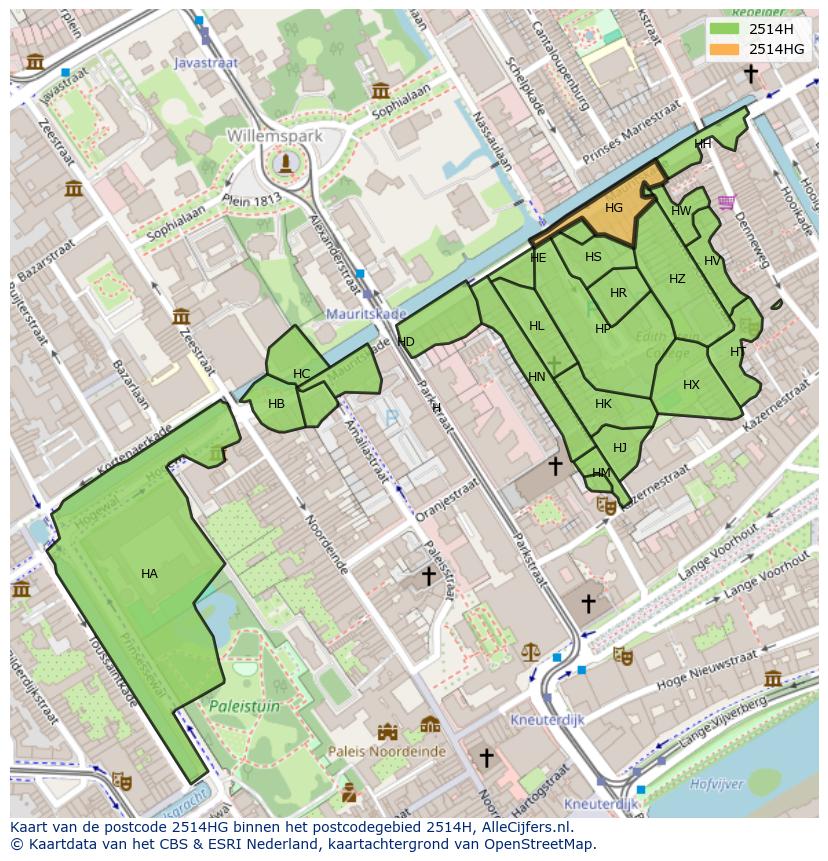 Afbeelding van het postcodegebied 2514 HG op de kaart.
