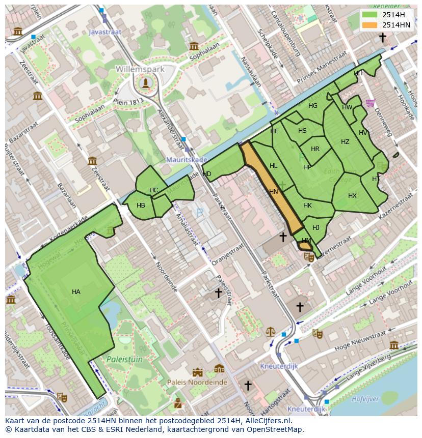 Afbeelding van het postcodegebied 2514 HN op de kaart.