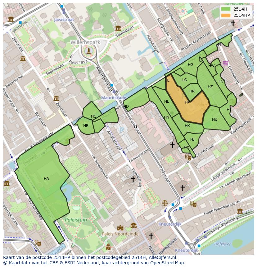 Afbeelding van het postcodegebied 2514 HP op de kaart.