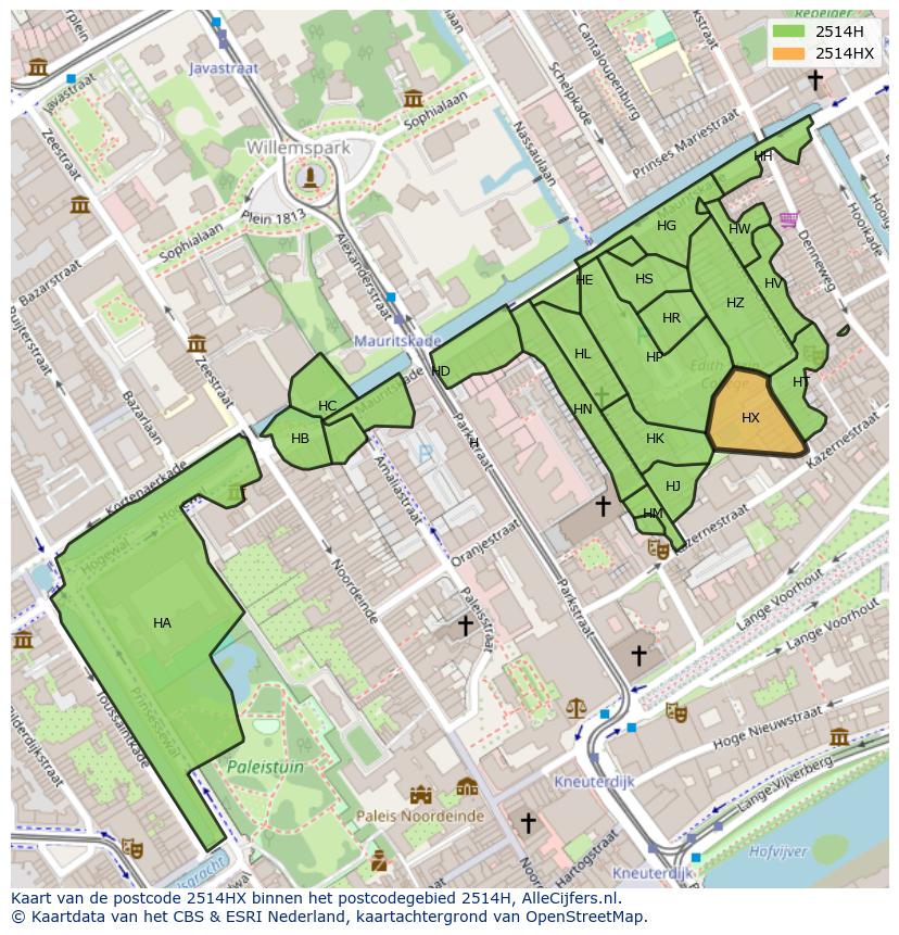 Afbeelding van het postcodegebied 2514 HX op de kaart.