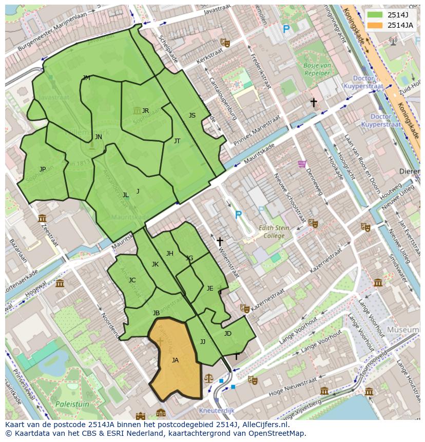 Afbeelding van het postcodegebied 2514 JA op de kaart.