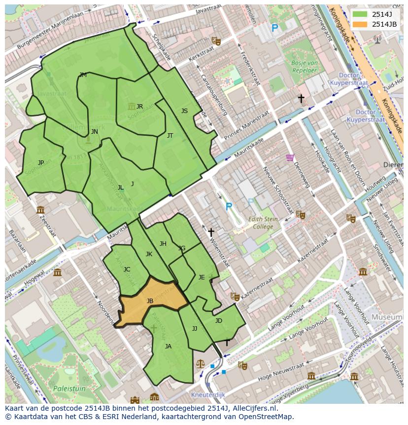 Afbeelding van het postcodegebied 2514 JB op de kaart.