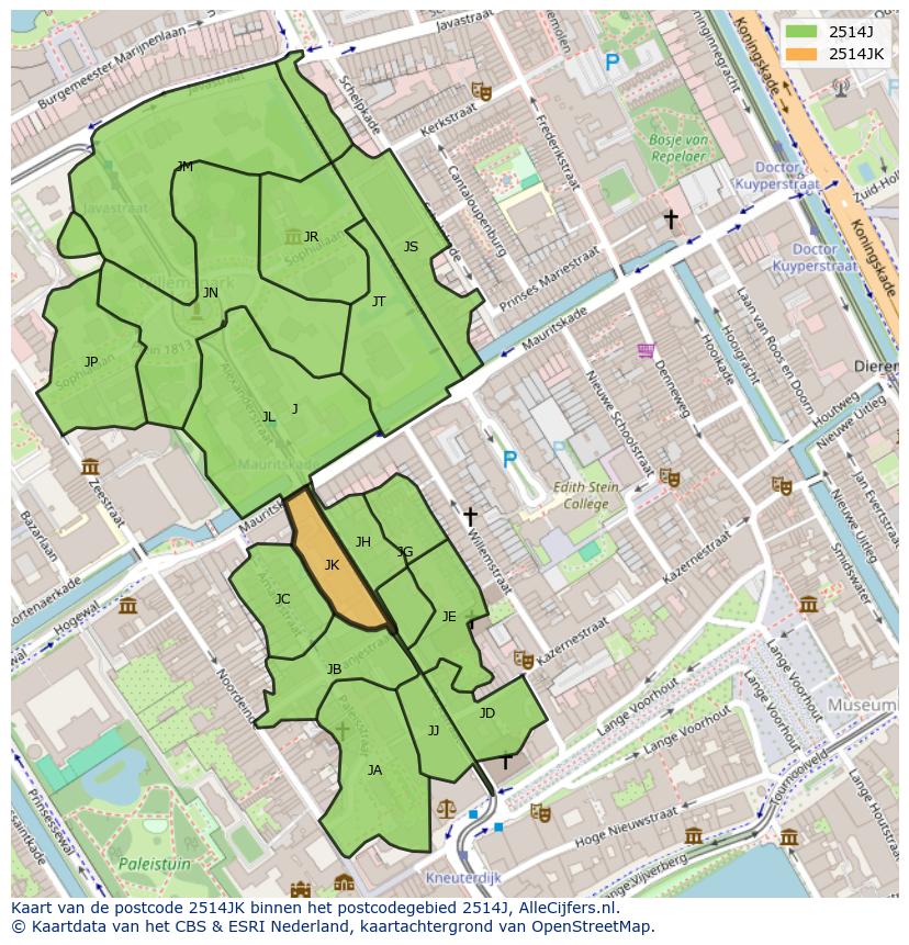 Afbeelding van het postcodegebied 2514 JK op de kaart.