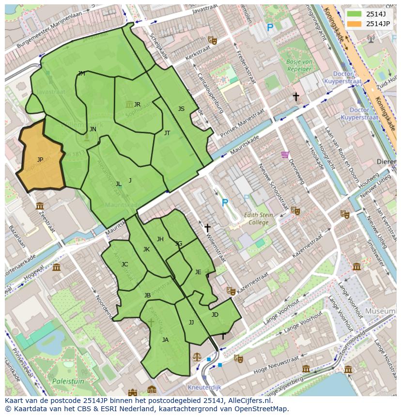Afbeelding van het postcodegebied 2514 JP op de kaart.