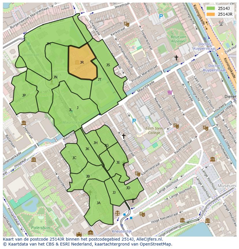 Afbeelding van het postcodegebied 2514 JR op de kaart.