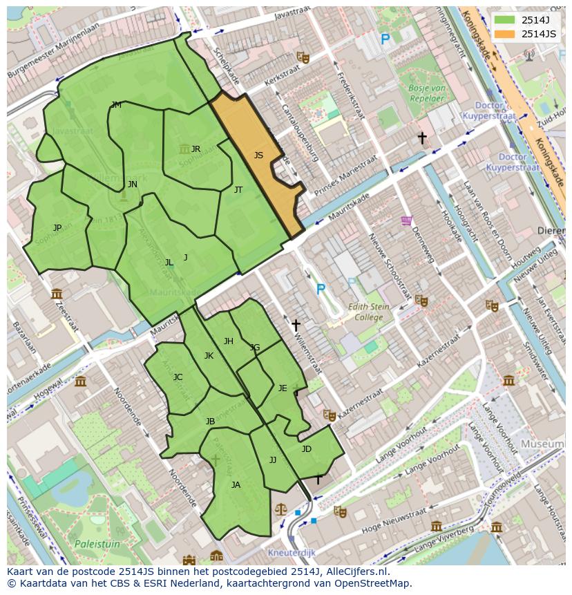 Afbeelding van het postcodegebied 2514 JS op de kaart.