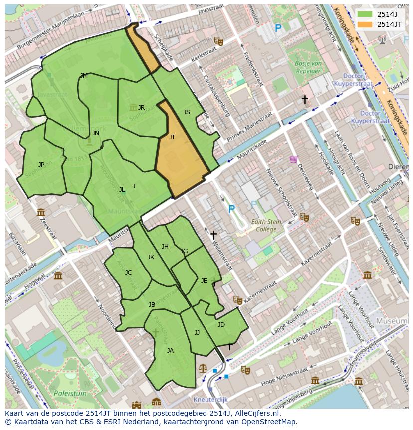 Afbeelding van het postcodegebied 2514 JT op de kaart.