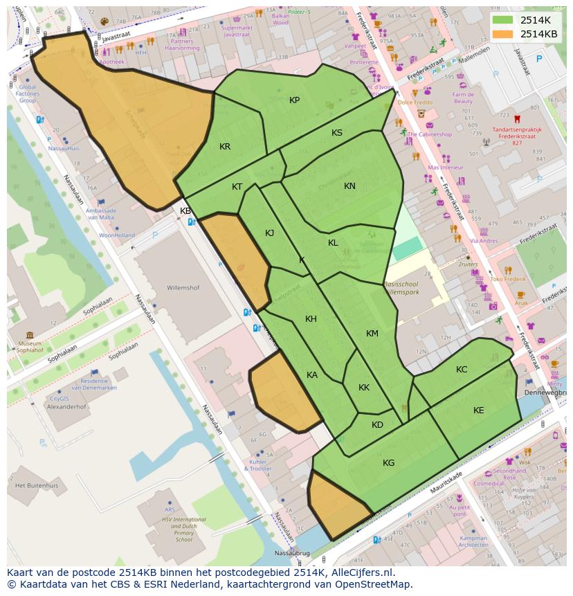 Afbeelding van het postcodegebied 2514 KB op de kaart.