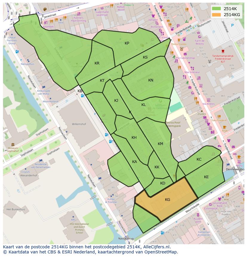 Afbeelding van het postcodegebied 2514 KG op de kaart.