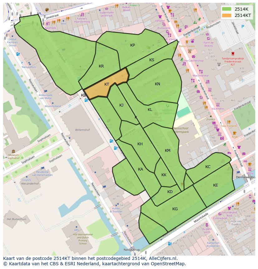 Afbeelding van het postcodegebied 2514 KT op de kaart.