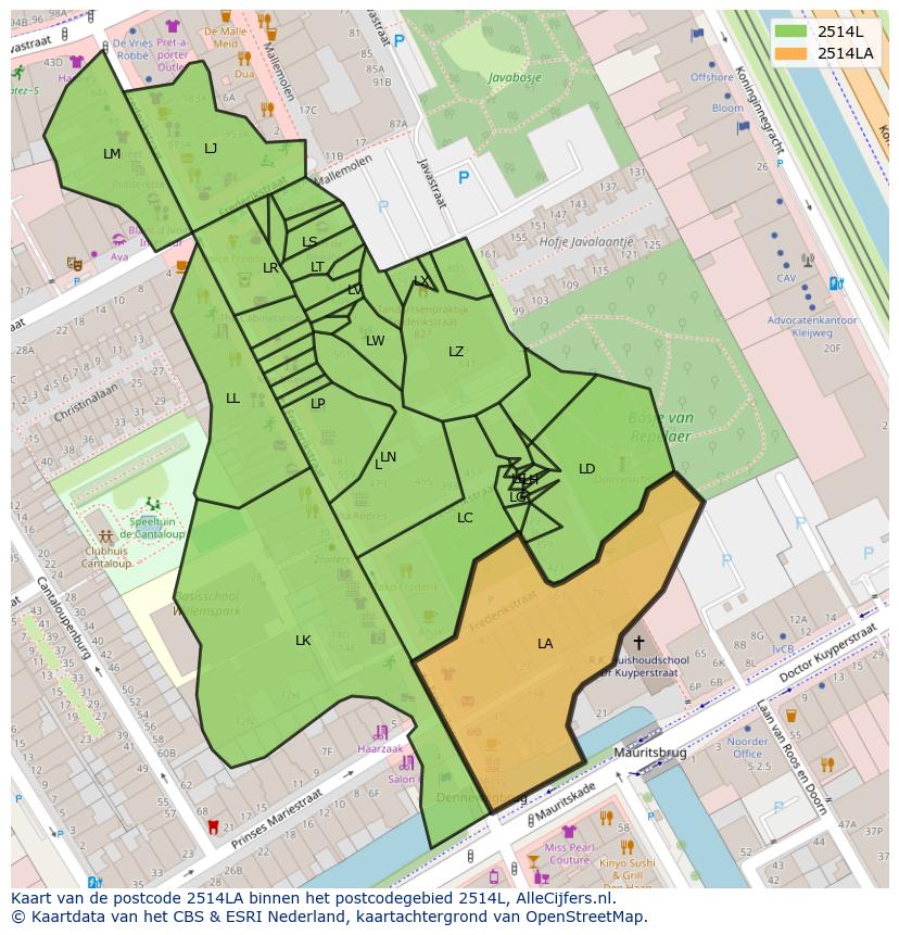 Afbeelding van het postcodegebied 2514 LA op de kaart.