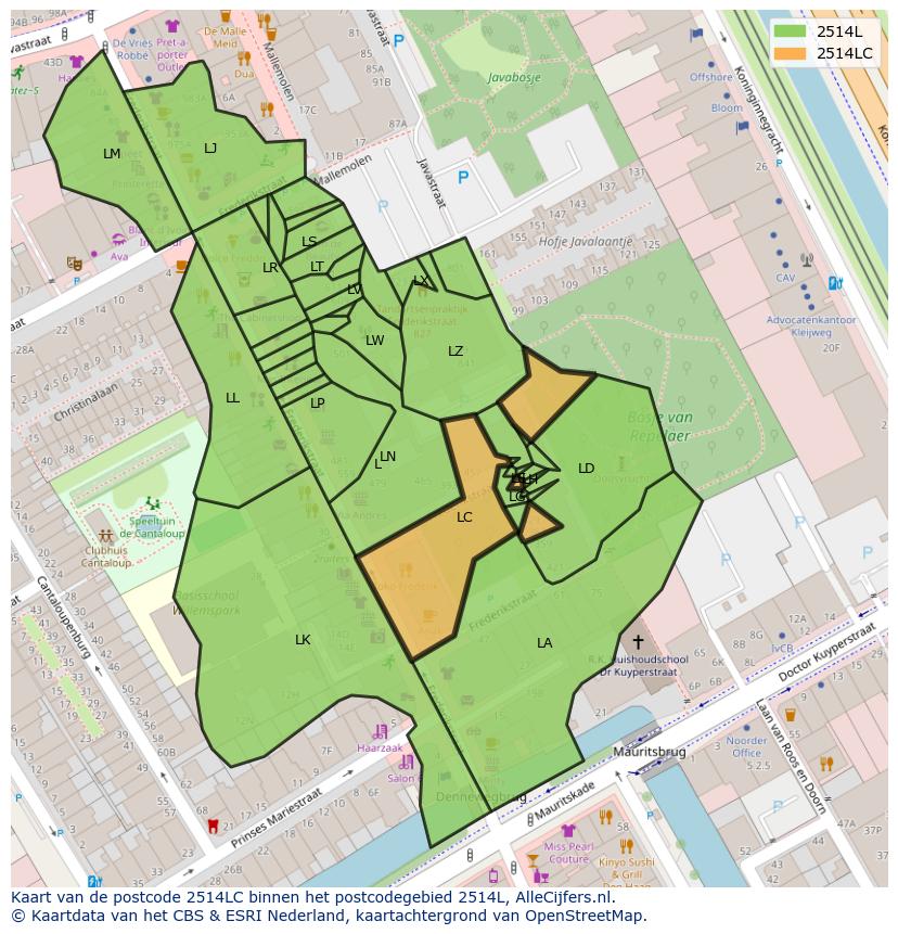 Afbeelding van het postcodegebied 2514 LC op de kaart.