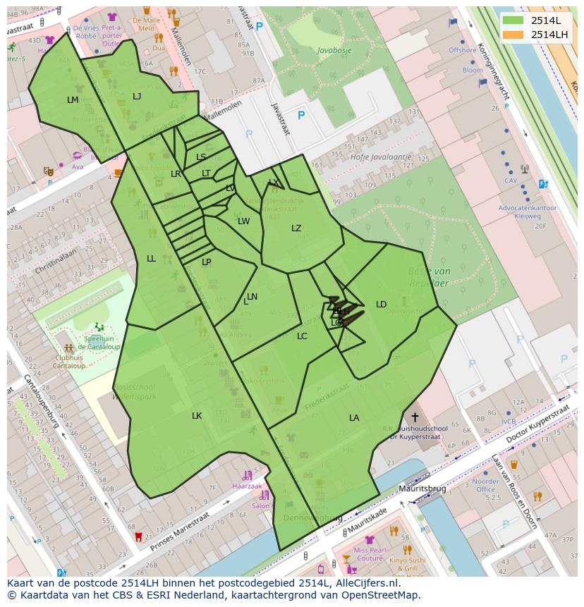 Afbeelding van het postcodegebied 2514 LH op de kaart.