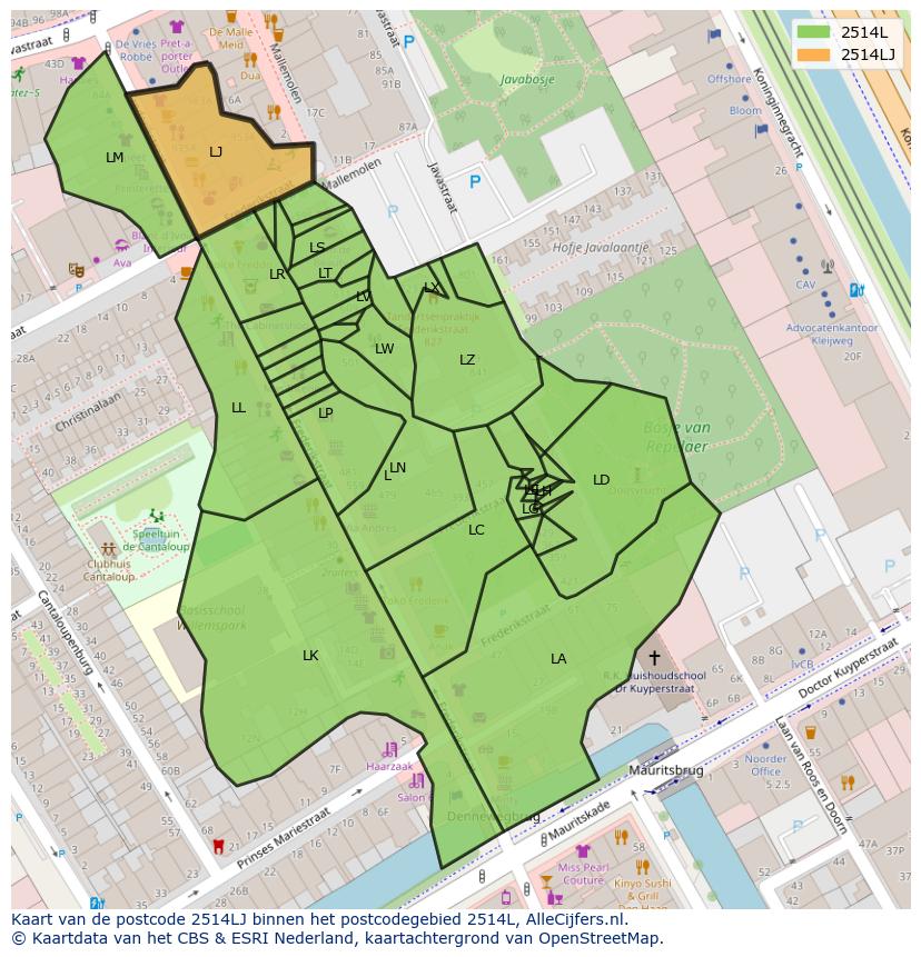 Afbeelding van het postcodegebied 2514 LJ op de kaart.