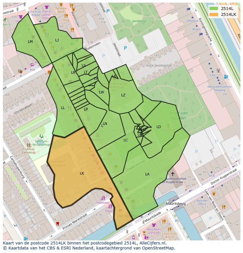 Afbeelding van het postcodegebied 2514 LK op de kaart.