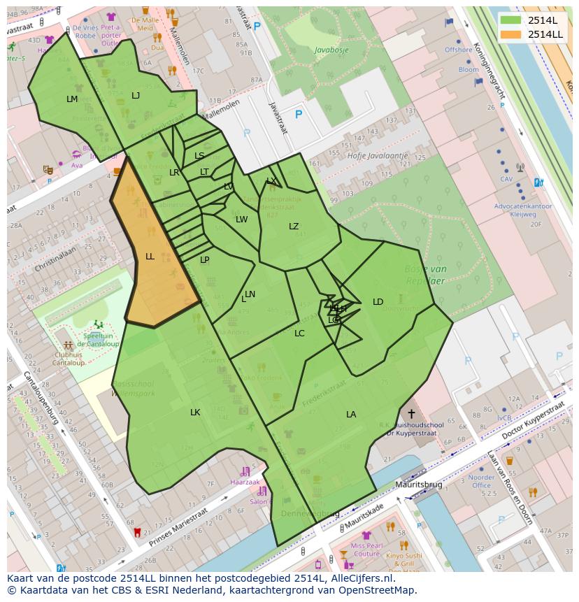 Afbeelding van het postcodegebied 2514 LL op de kaart.
