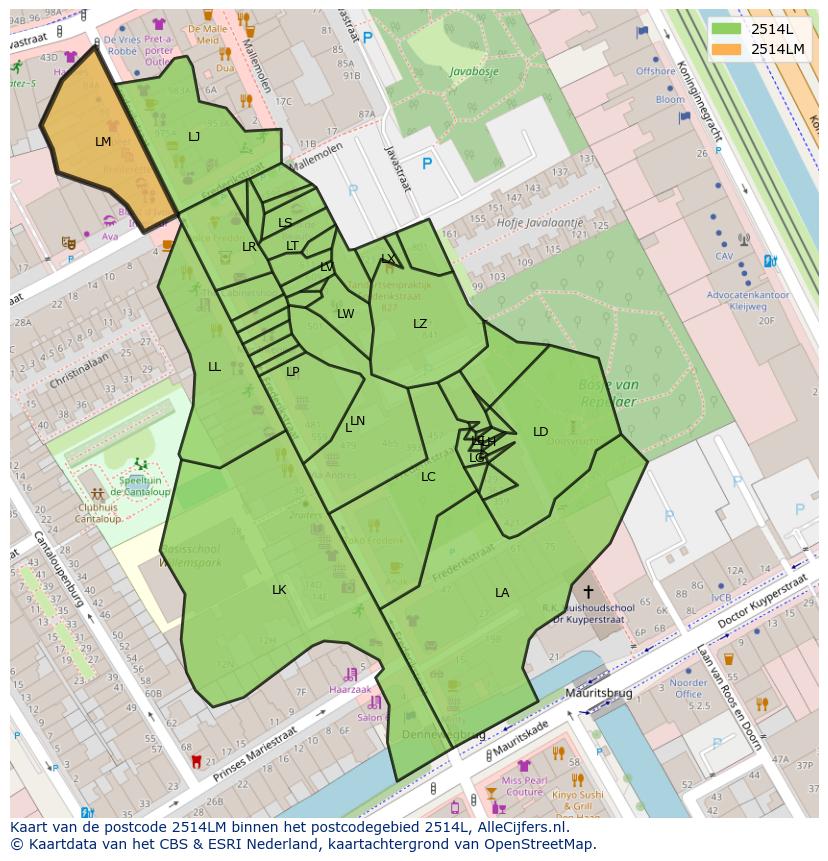 Afbeelding van het postcodegebied 2514 LM op de kaart.