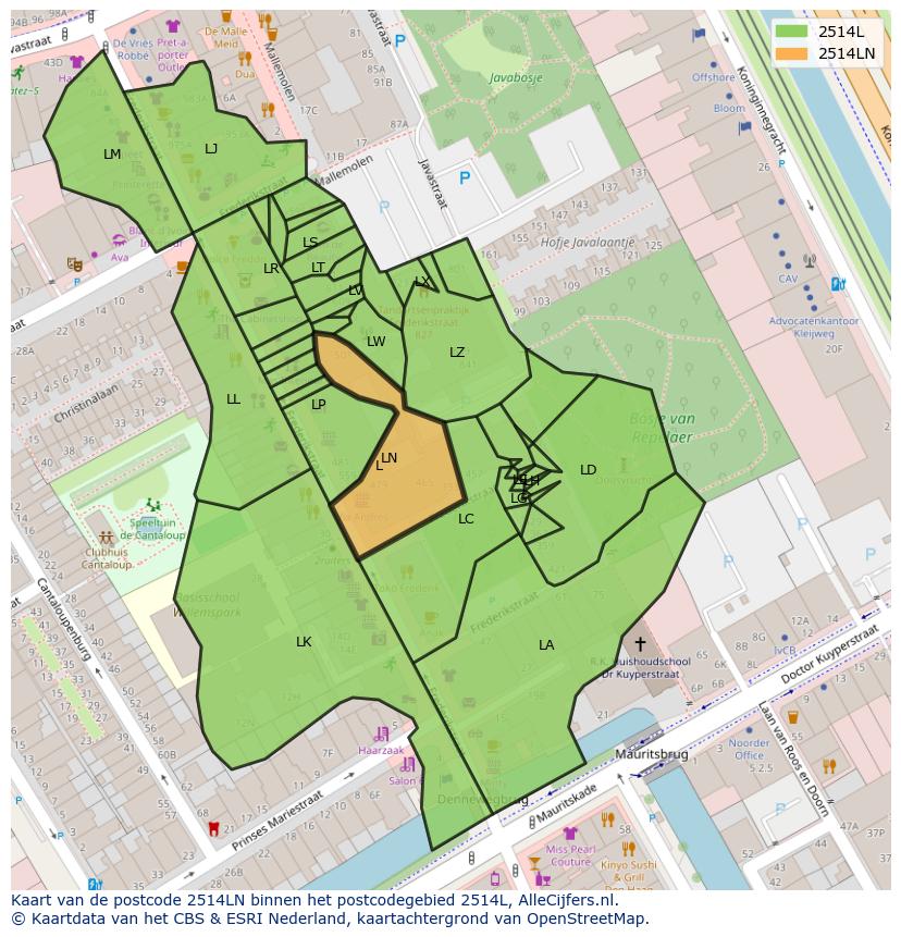 Afbeelding van het postcodegebied 2514 LN op de kaart.