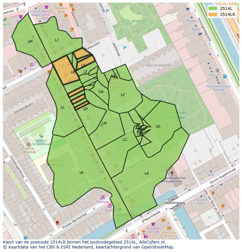Afbeelding van het postcodegebied 2514 LR op de kaart.