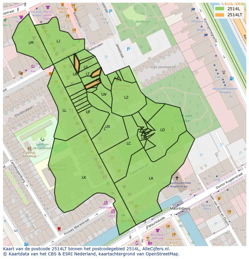 Afbeelding van het postcodegebied 2514 LT op de kaart.