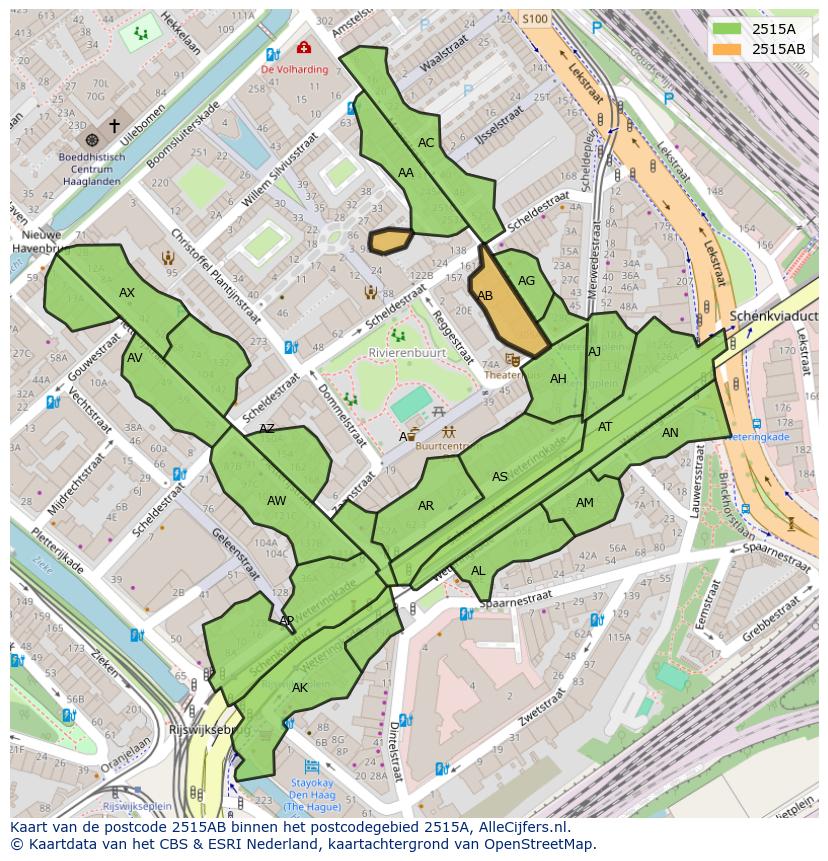 Afbeelding van het postcodegebied 2515 AB op de kaart.