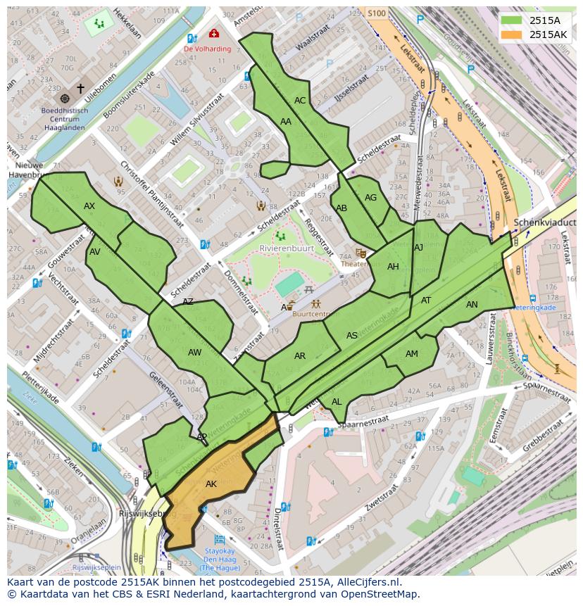 Afbeelding van het postcodegebied 2515 AK op de kaart.