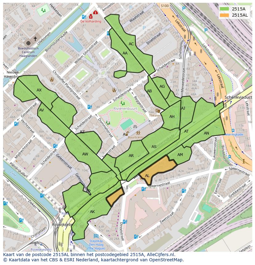 Afbeelding van het postcodegebied 2515 AL op de kaart.