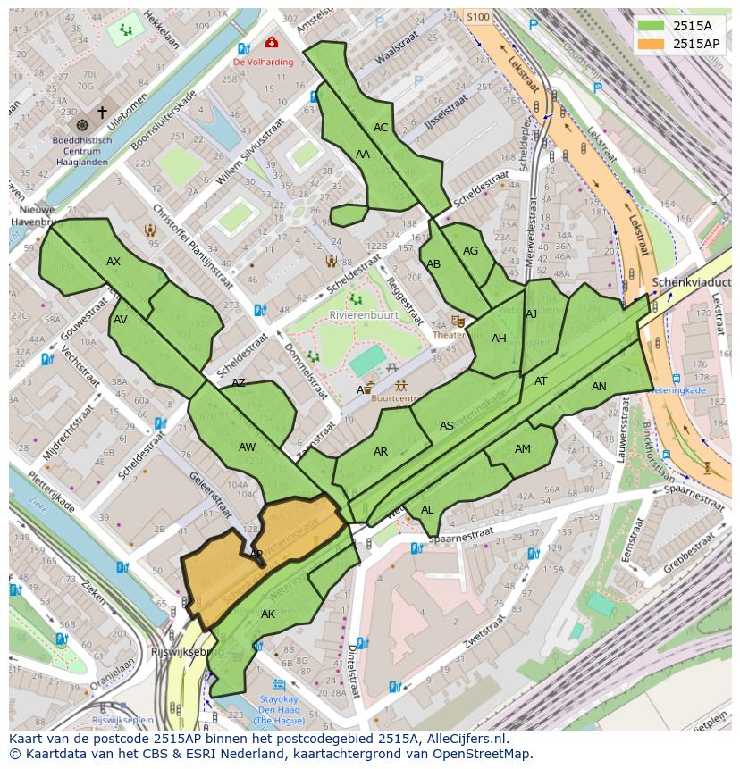 Afbeelding van het postcodegebied 2515 AP op de kaart.